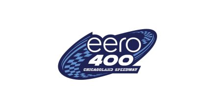 Logo for the eero 400 race at Chicagoland Speedway. The design features a dark blue oval with a checkered flag pattern, the word “eero” in white lowercase letters at the top, “400” in bold white text in the center, and “CHICAGOLAND SPEEDWAY” in smaller white text below.