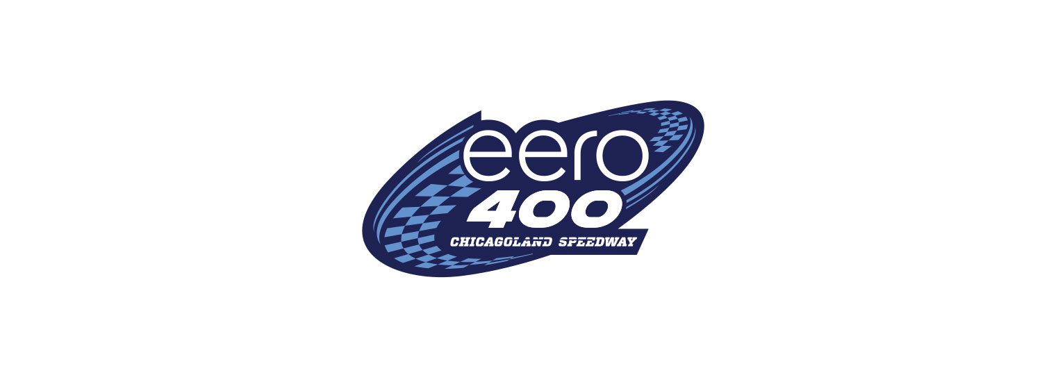 Logo for the eero 400 race at Chicagoland Speedway. The design features a dark blue oval with a checkered flag pattern, the word “eero” in white lowercase letters at the top, “400” in bold white text in the center, and “CHICAGOLAND SPEEDWAY” in smaller white text below.