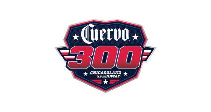 Official Cuervo 300 race logo for Chicagoland Speedway. The shield-shaped design features the Cuervo wordmark above large red "300" numerals, with "Chicagoland Speedway" centered below. The logo incorporates red, white, and blue colors with stars and wing-inspired accents on a white background.