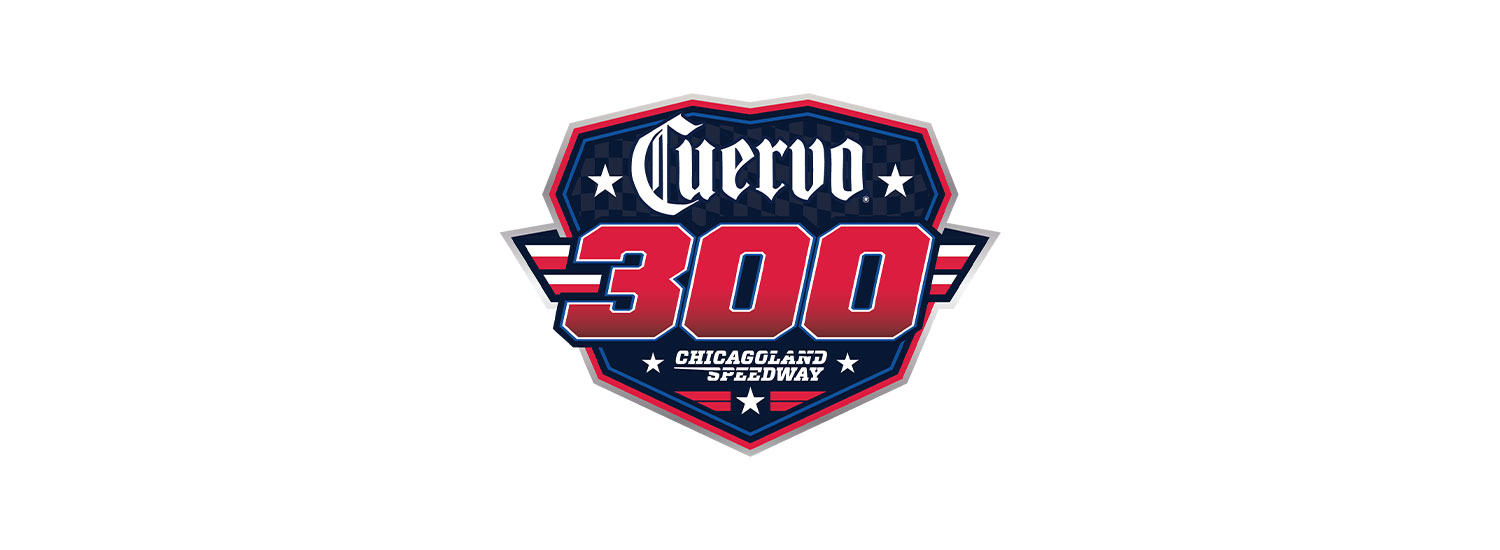 Official Cuervo 300 race logo for Chicagoland Speedway. The shield-shaped design features the Cuervo wordmark above large red "300" numerals, with "Chicagoland Speedway" centered below. The logo incorporates red, white, and blue colors with stars and wing-inspired accents on a white background.