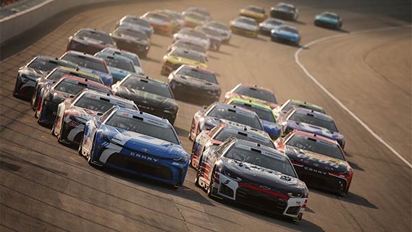 Denny Hamlin, driver of the #11 Progressive Insurance Toyota, and Kyle Larson, driver of the #5 HendrickCars.com Chevrolet, race during the NASCAR Cup Series eero 400 at Chicagoland Speedway on July 05, 2026 in Joliet, Illinois.