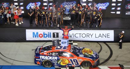 A general view of Chase Briscoe, driver of the #19 Bass Pro Shops Toyota, celebrating in victory lane after winning the NASCAR Cup Series eero 400 at Chicagoland Speedway on July 05, 2026 in Joliet, Illinois. (Photo by Jonathan Bachman/Getty Images)