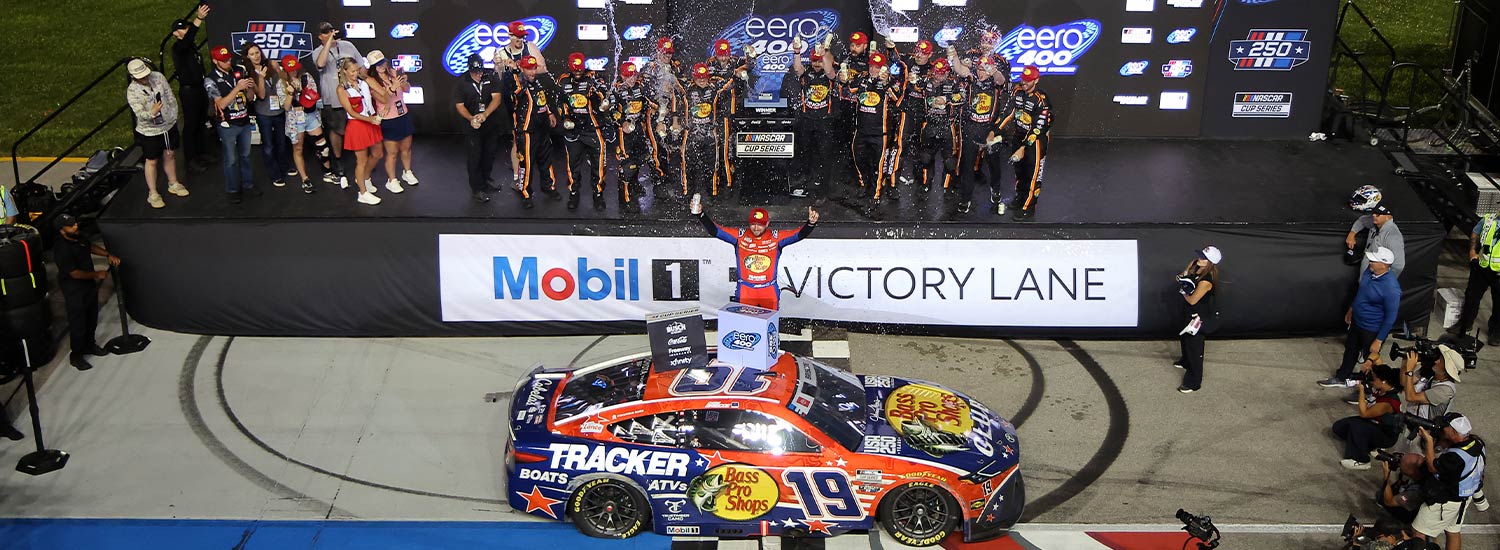 A general view of Chase Briscoe, driver of the #19 Bass Pro Shops Toyota, celebrating in victory lane after winning the NASCAR Cup Series eero 400 at Chicagoland Speedway on July 05, 2026 in Joliet, Illinois. (Photo by Jonathan Bachman/Getty Images)