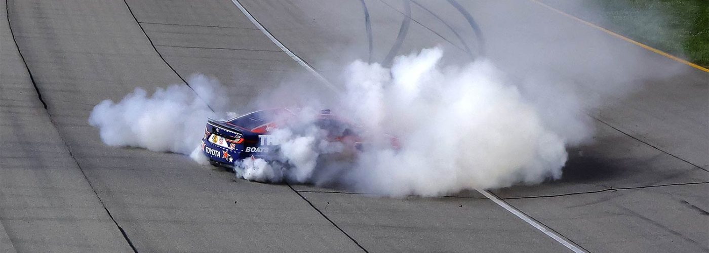 Chase Briscoe, driver of the #19 Bass Pro Shops Toyota, celebrates with a burnout after winning the NASCAR Cup Series eero 400 at Chicagoland Speedway on July 05, 2026 in Joliet, Illinois. (Photo by Jonathan Bachman/Getty Images)
