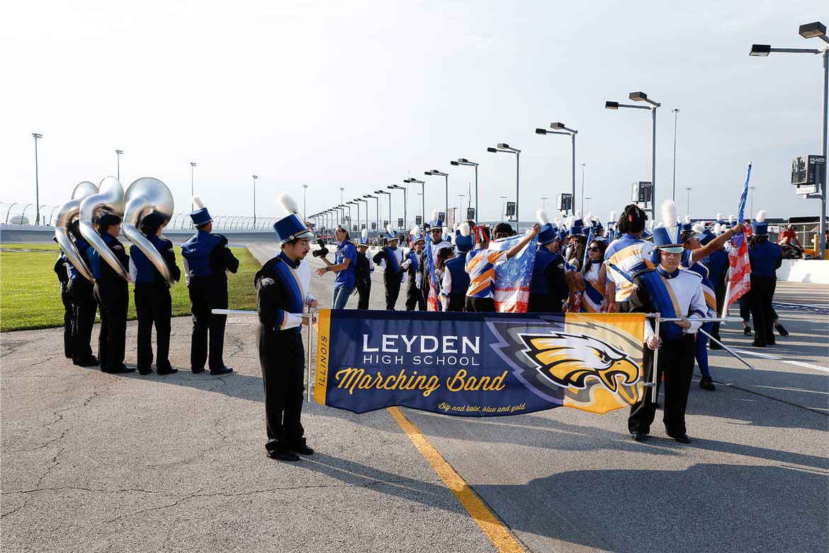 Leyden High School Marching Band gathers near the track before a performance.